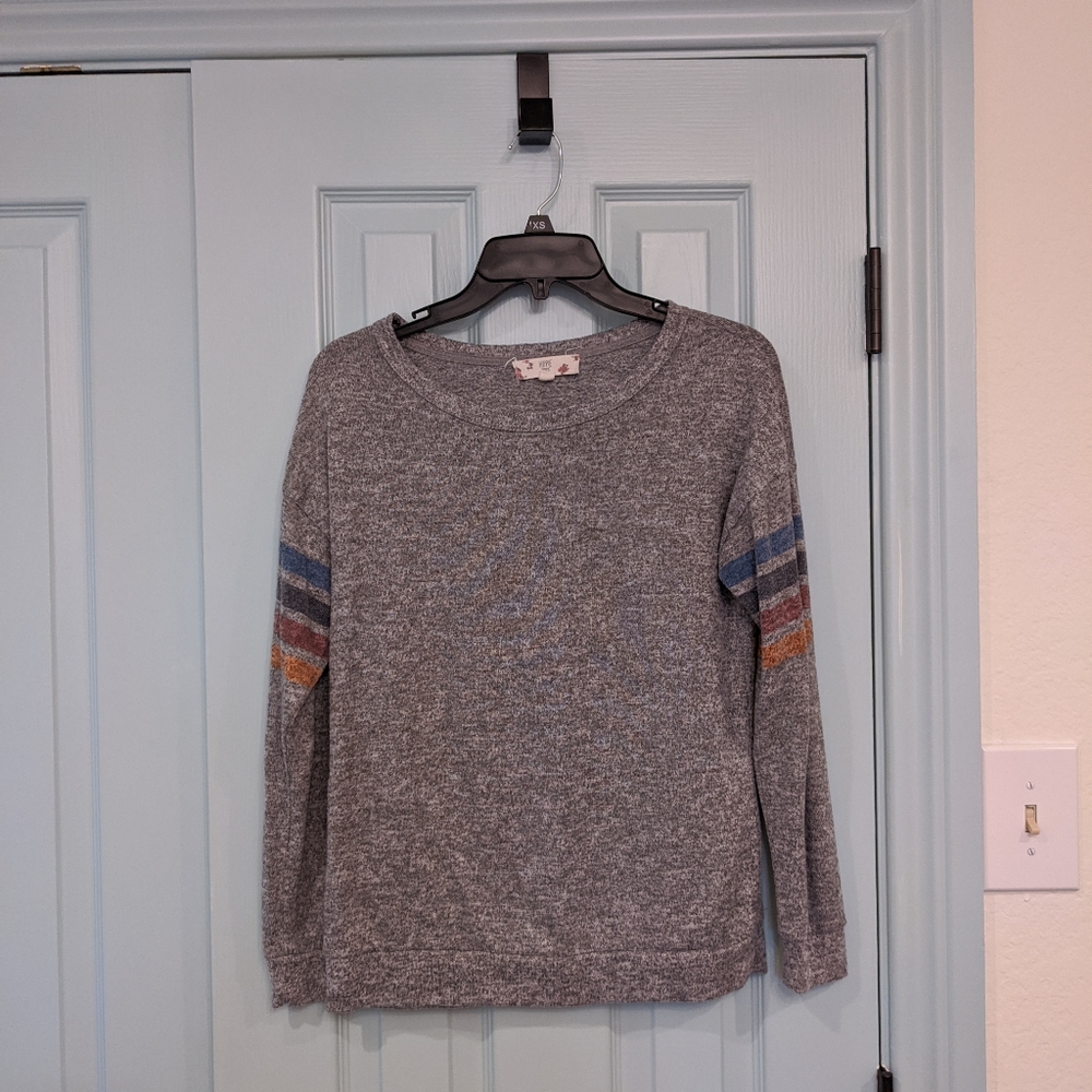 Gray Long Sleeve Tee with colored stripes on sleev